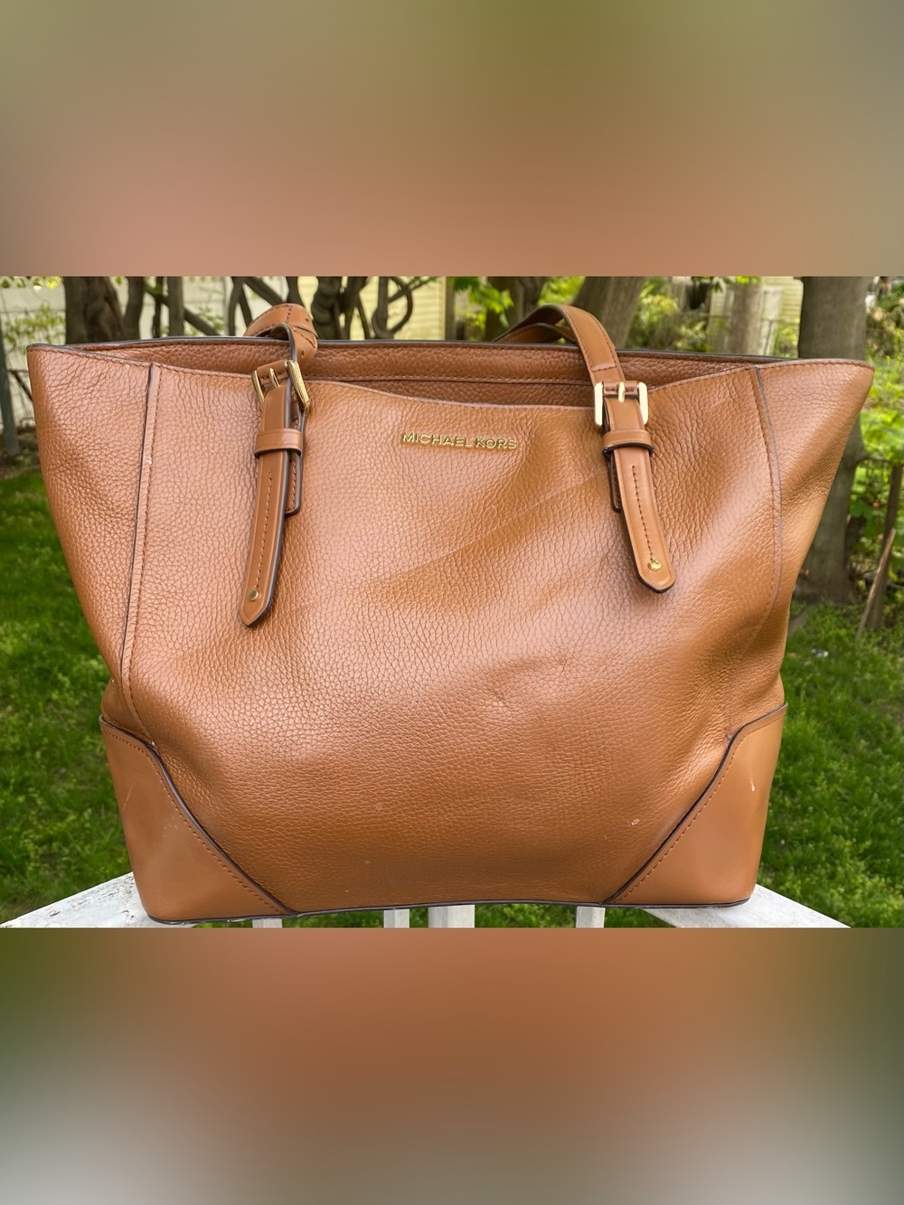 Michael Kors Large Brown Leather Tote Bag Shoulder Purse MK Jet Set Style